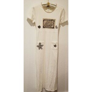 Piccalino Petite White Belted Maxi Dress Size 10P Appliqué Star Pockets Casual